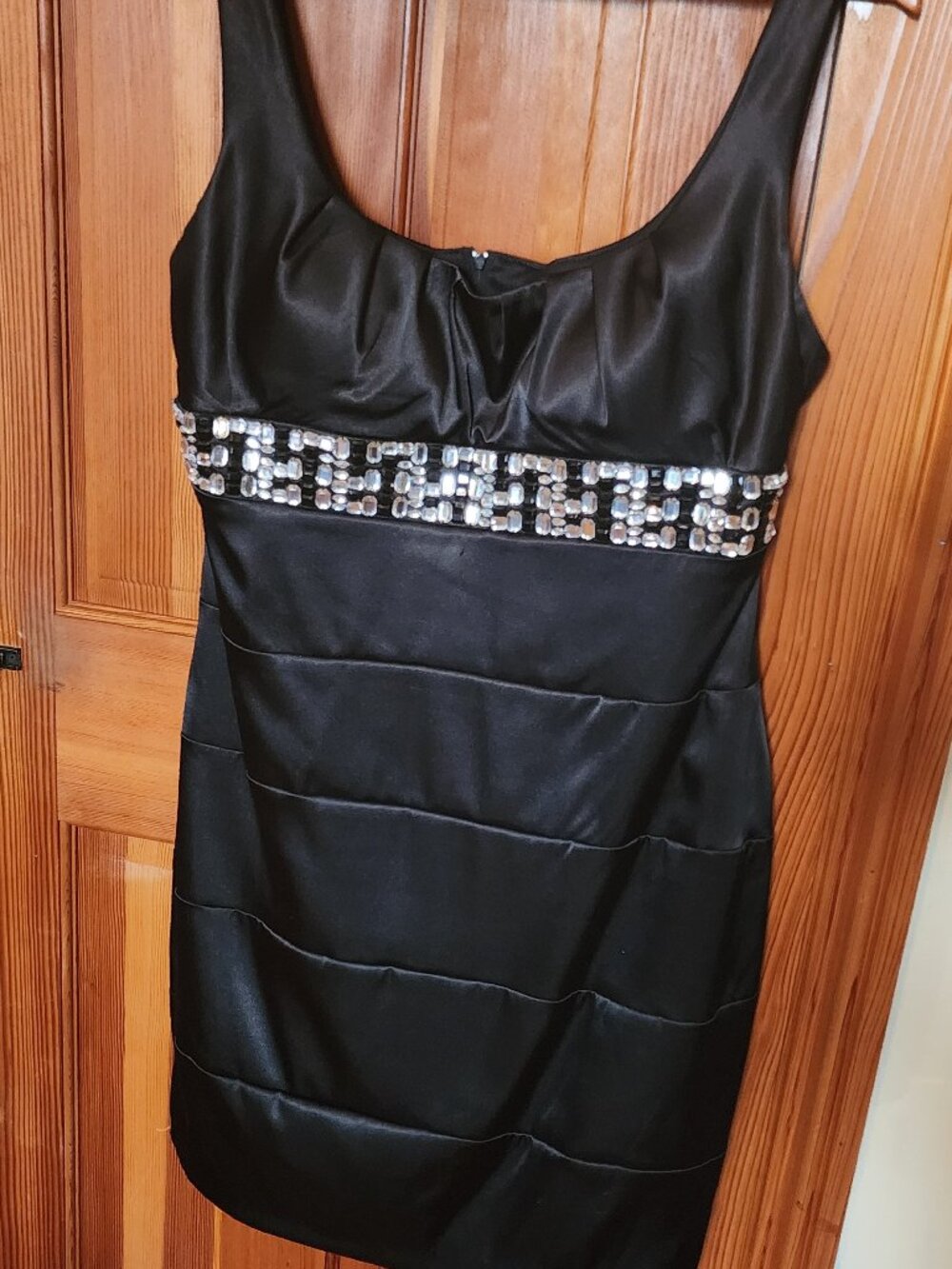 Black Satin Sleeveless Cocktail dress Silver and Black Beads,Built-in Bra, 14